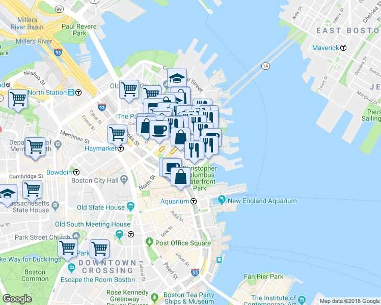 map of restaurants, bars, coffee shops, grocery stores, and more near in Boston
