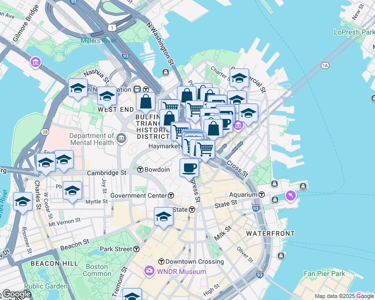 map of restaurants, bars, coffee shops, grocery stores, and more near 50 Sudbury Street in Boston