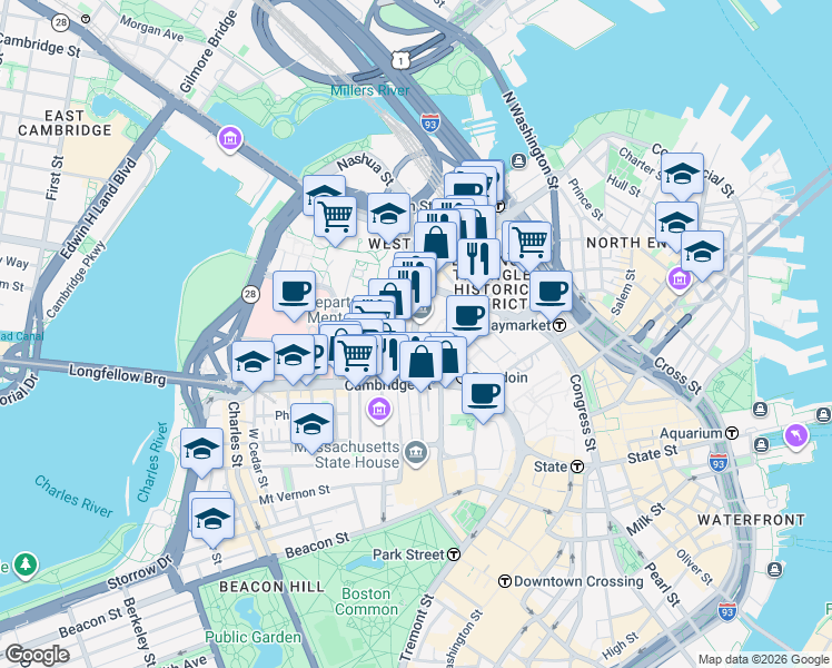 map of restaurants, bars, coffee shops, grocery stores, and more near 66 Staniford Street in Boston