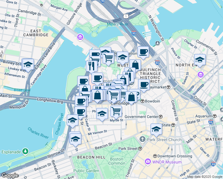 map of restaurants, bars, coffee shops, grocery stores, and more near 50 Blossom Street in Boston