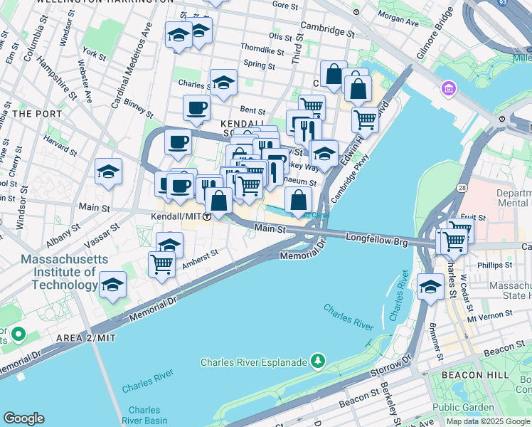 map of restaurants, bars, coffee shops, grocery stores, and more near in Cambridge