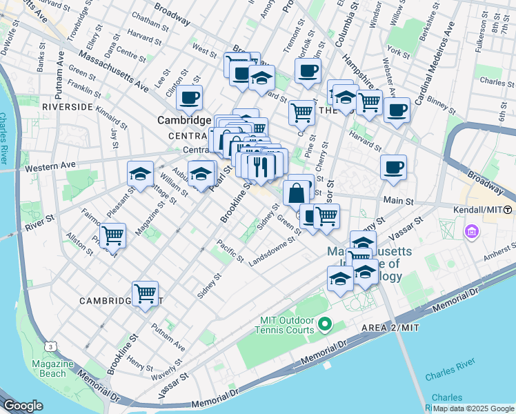map of restaurants, bars, coffee shops, grocery stores, and more near 129 Franklin Street in Cambridge