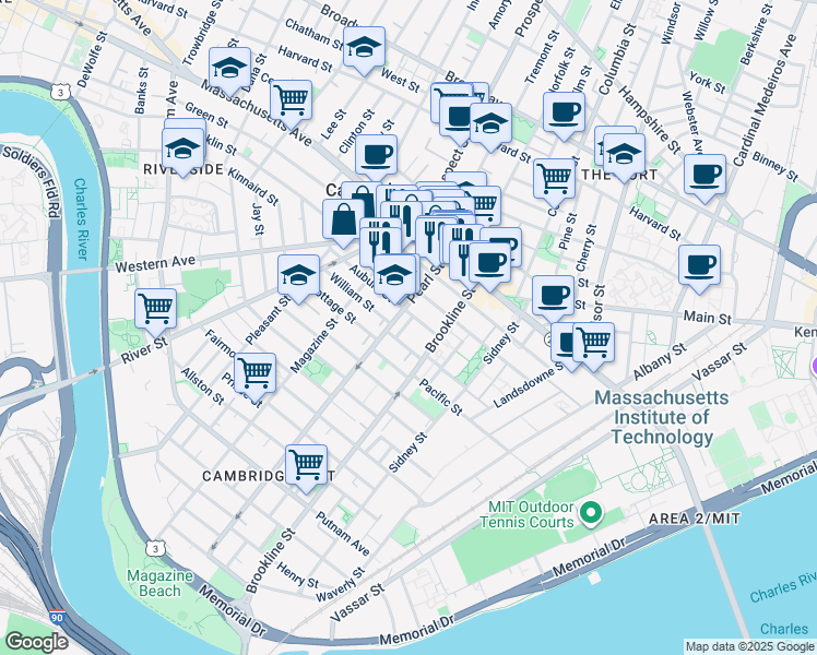 map of restaurants, bars, coffee shops, grocery stores, and more near 71 Pearl Street in Cambridge