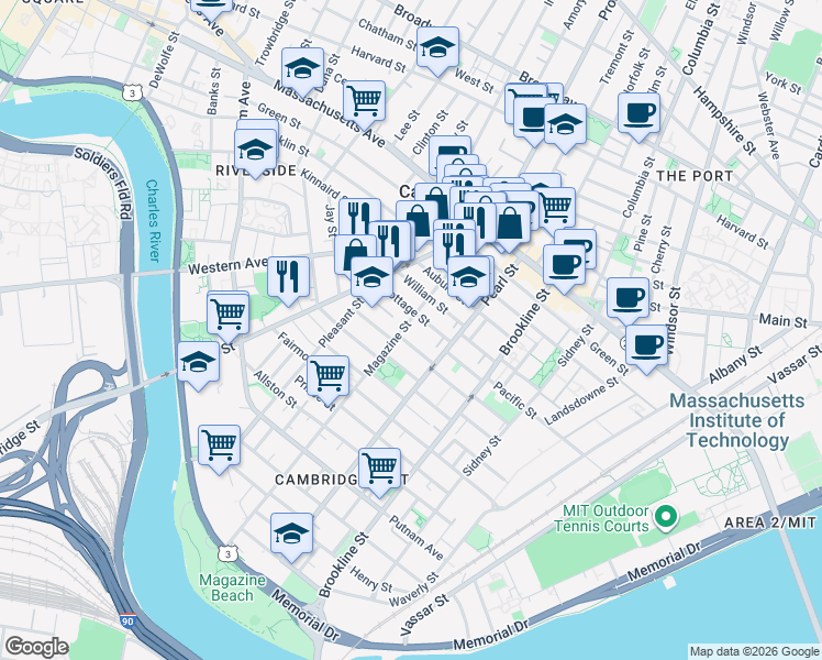map of restaurants, bars, coffee shops, grocery stores, and more near 17 Pleasant Place in Cambridge