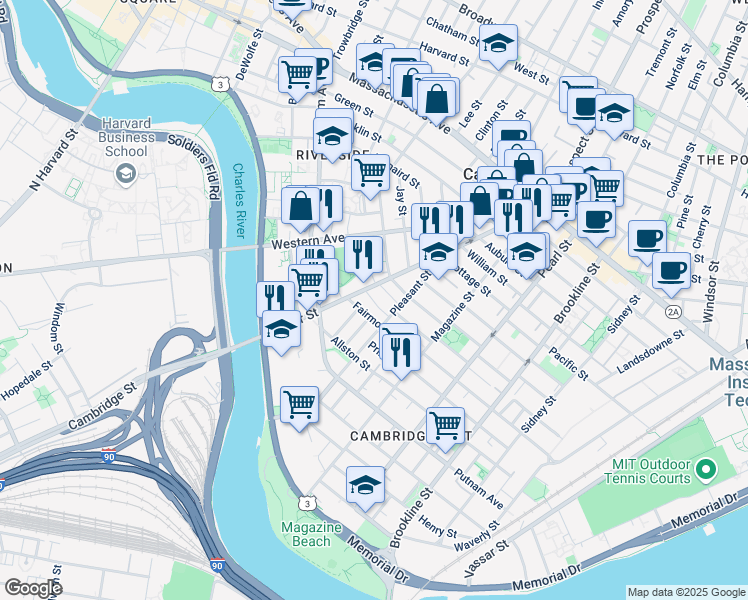 map of restaurants, bars, coffee shops, grocery stores, and more near 17 Laurel Street in Cambridge