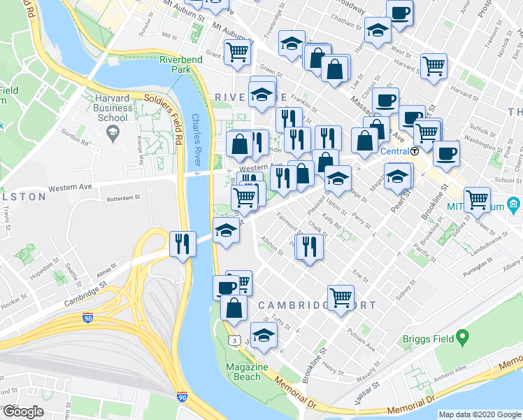 map of restaurants, bars, coffee shops, grocery stores, and more near 327 River Street in Cambridge
