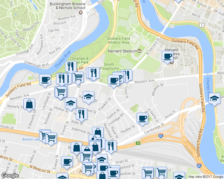 map of restaurants, bars, coffee shops, grocery stores, and more near in Boston