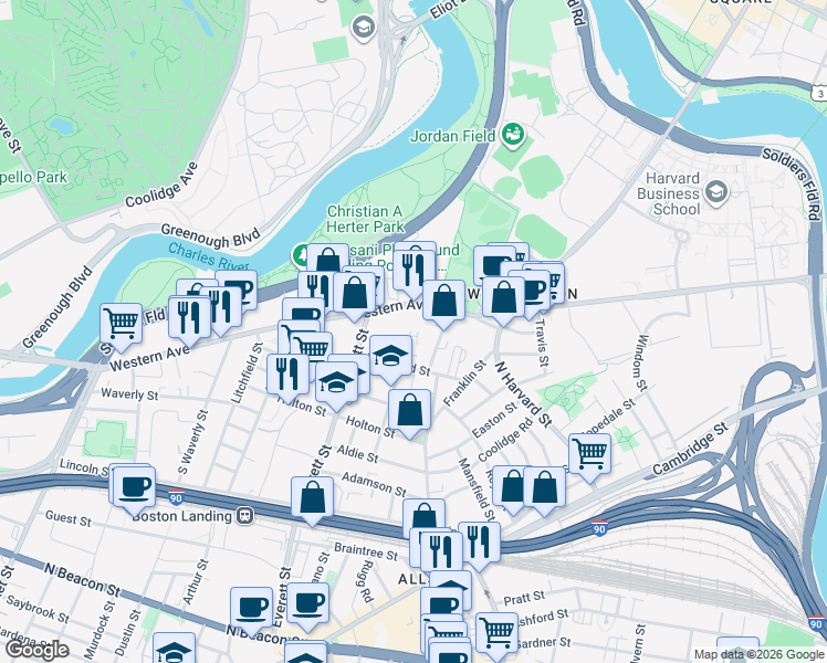 map of restaurants, bars, coffee shops, grocery stores, and more near 254R Western Avenue in Boston