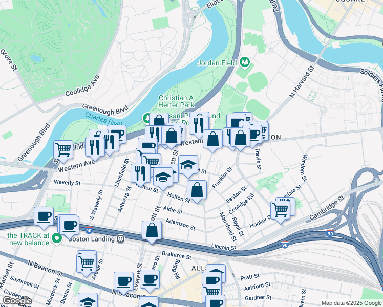 map of restaurants, bars, coffee shops, grocery stores, and more near 287 Western Avenue in Boston