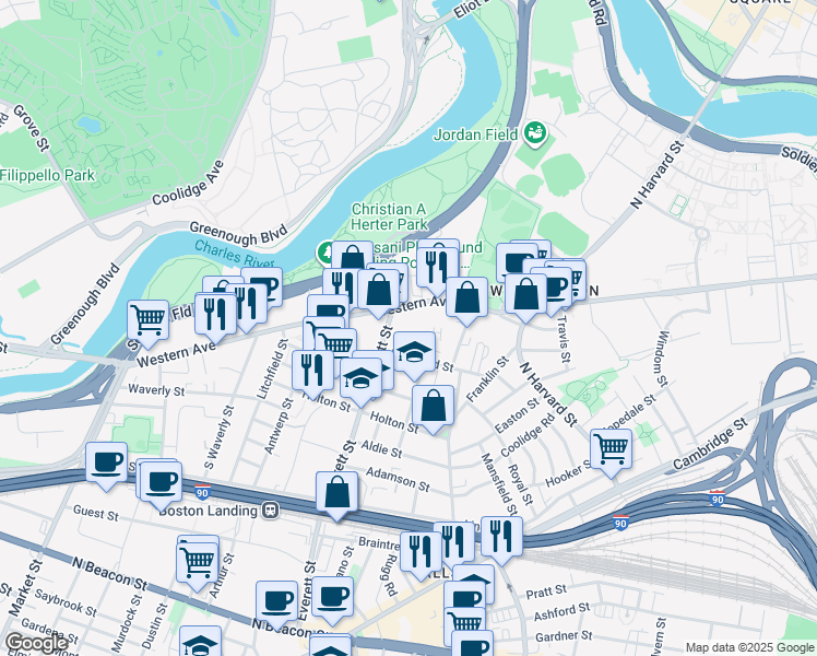 map of restaurants, bars, coffee shops, grocery stores, and more near 287 Western Avenue in Boston