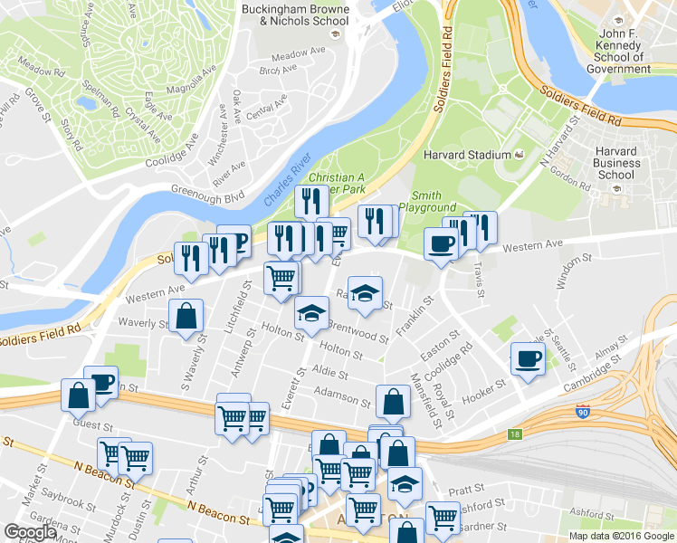 map of restaurants, bars, coffee shops, grocery stores, and more near in Boston