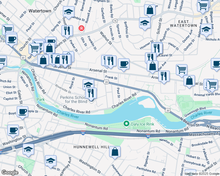 map of restaurants, bars, coffee shops, grocery stores, and more near 231 North Beacon Street in Watertown