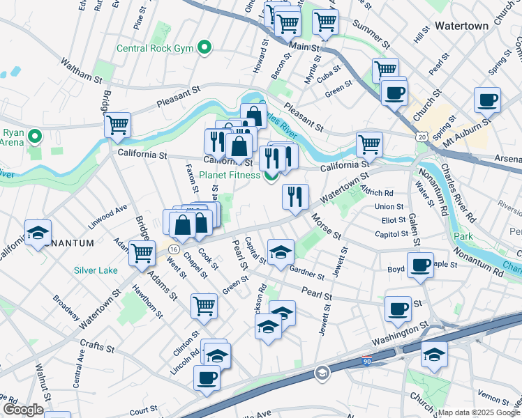 map of restaurants, bars, coffee shops, grocery stores, and more near 25 Lyons Court in Watertown