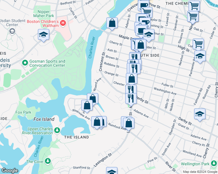 map of restaurants, bars, coffee shops, grocery stores, and more near 334 Crescent Street in Waltham