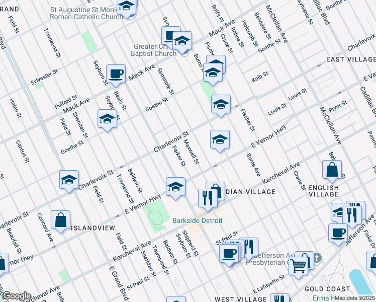 map of restaurants, bars, coffee shops, grocery stores, and more near 2549 Maxwell Street in Detroit
