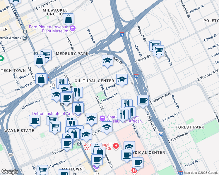 map of restaurants, bars, coffee shops, grocery stores, and more near 575 East Kirby Street in Detroit