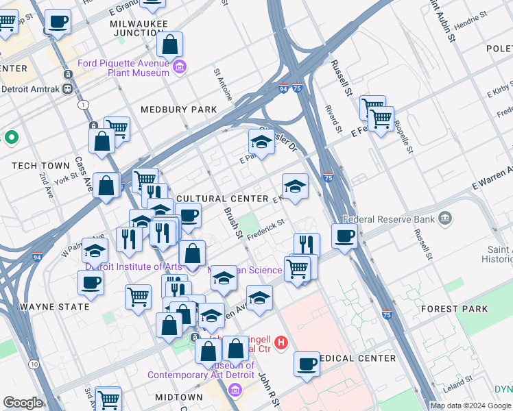 map of restaurants, bars, coffee shops, grocery stores, and more near 5440 Beaubien Boulevard in Detroit