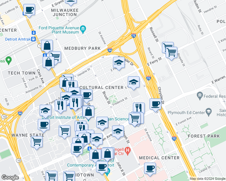 map of restaurants, bars, coffee shops, grocery stores, and more near 5440 Beaubien Boulevard in Detroit