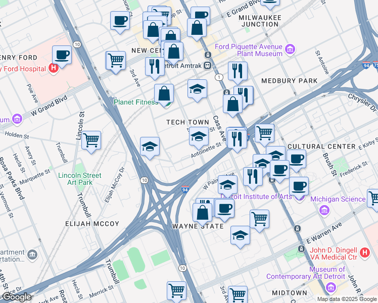 map of restaurants, bars, coffee shops, grocery stores, and more near 6000 3rd Avenue in Detroit