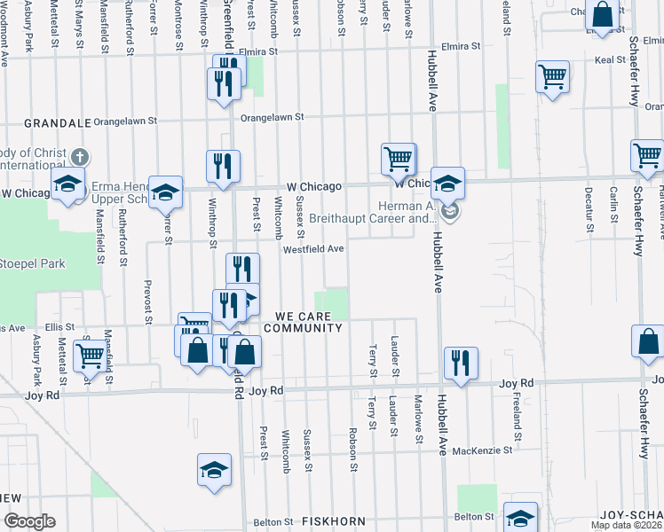 map of restaurants, bars, coffee shops, grocery stores, and more near 9263 Coyle Avenue in Detroit