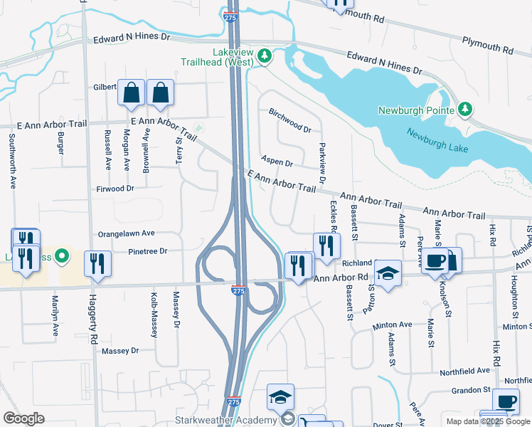 map of restaurants, bars, coffee shops, grocery stores, and more near 39715 Greenview Place in Plymouth