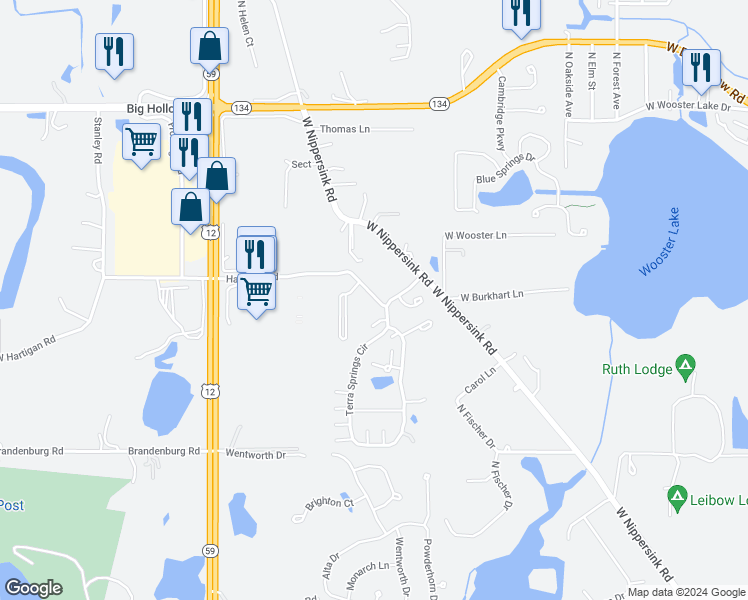 map of restaurants, bars, coffee shops, grocery stores, and more near 1391 West Nippersink Road in Fox Lake