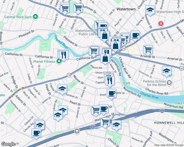map of restaurants, bars, coffee shops, grocery stores, and more near 49 Union Street in Watertown