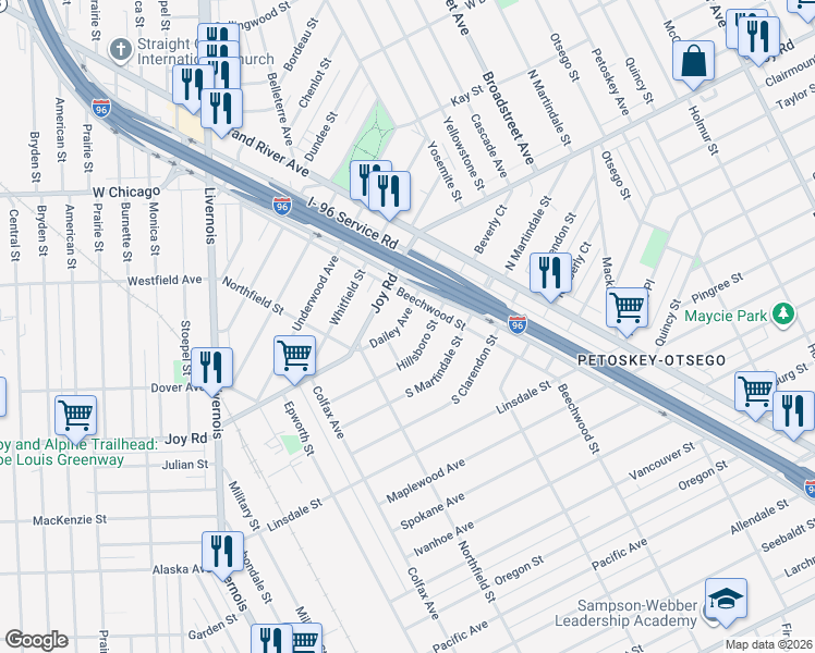 map of restaurants, bars, coffee shops, grocery stores, and more near 5042 Dailey Avenue in Detroit
