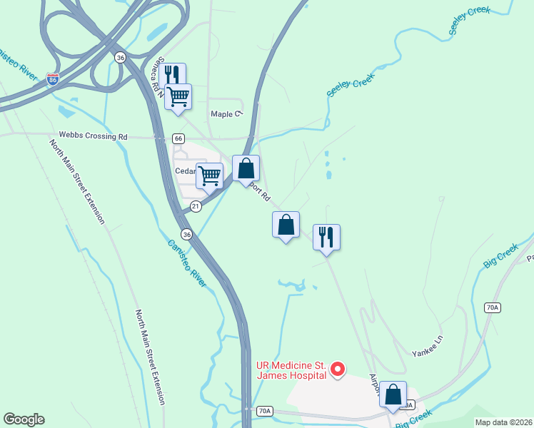 map of restaurants, bars, coffee shops, grocery stores, and more near 7459 Seneca Road North in Hornell