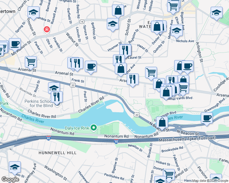 map of restaurants, bars, coffee shops, grocery stores, and more near 400 North Beacon Street in Watertown