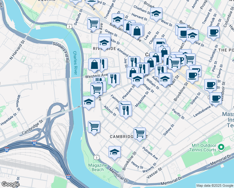 map of restaurants, bars, coffee shops, grocery stores, and more near 21 Rockwell Street in Cambridge