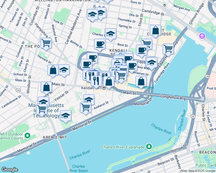 map of restaurants, bars, coffee shops, grocery stores, and more near 16 Broadway in Cambridge