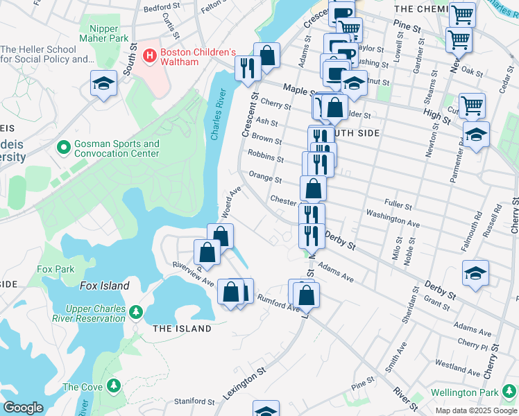 map of restaurants, bars, coffee shops, grocery stores, and more near 343 Crescent Street in Waltham