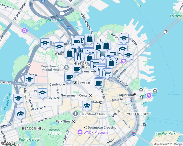 map of restaurants, bars, coffee shops, grocery stores, and more near 1 Congress Street in Boston
