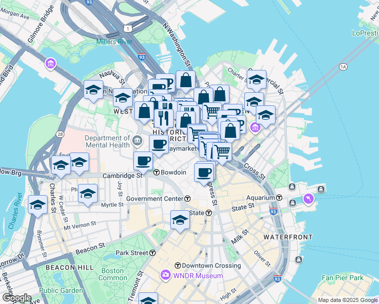 map of restaurants, bars, coffee shops, grocery stores, and more near 1 Congress Street in Boston