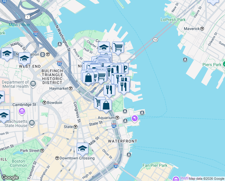 map of restaurants, bars, coffee shops, grocery stores, and more near 1 Commercial Wharf West in Boston