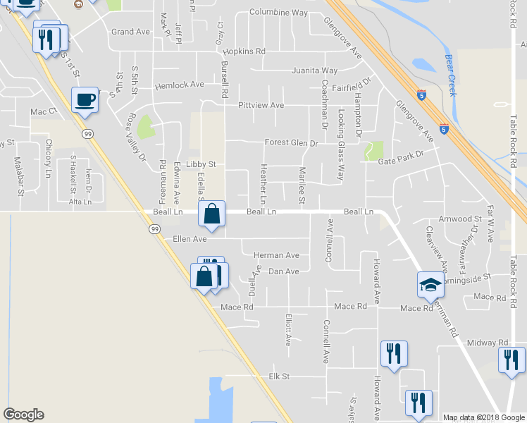 map of restaurants, bars, coffee shops, grocery stores, and more near Beall Ln & Heather Ln in Central Point
