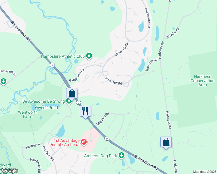 map of restaurants, bars, coffee shops, grocery stores, and more near 85 Rolling Green Drive in Amherst