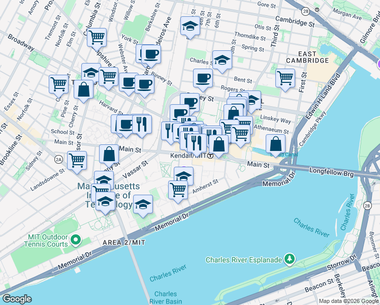 map of restaurants, bars, coffee shops, grocery stores, and more near 5 Cambridge Center in Mid-Cambridge