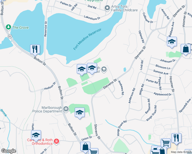 map of restaurants, bars, coffee shops, grocery stores, and more near 431 Bolton Street in Marlborough