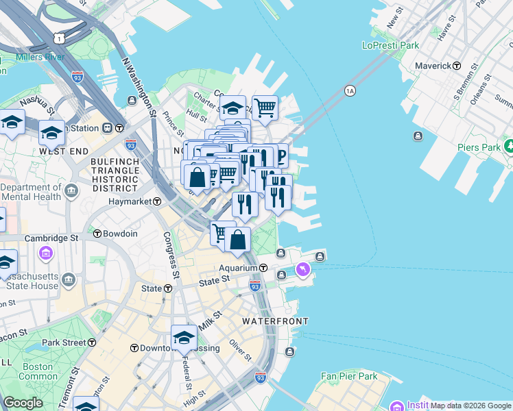 map of restaurants, bars, coffee shops, grocery stores, and more near Commercial Street in Boston