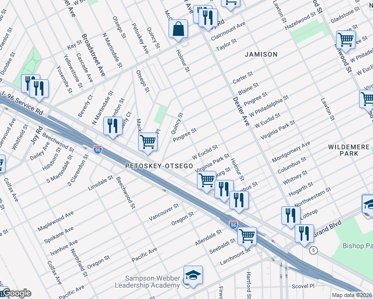 map of restaurants, bars, coffee shops, grocery stores, and more near 4357 Pingree Street in Detroit