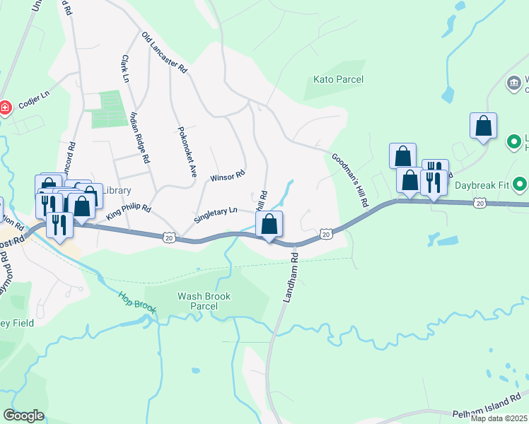 map of restaurants, bars, coffee shops, grocery stores, and more near 18 Greenhill Road in Sudbury