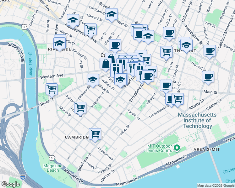 map of restaurants, bars, coffee shops, grocery stores, and more near 87 Pearl Street in Cambridge