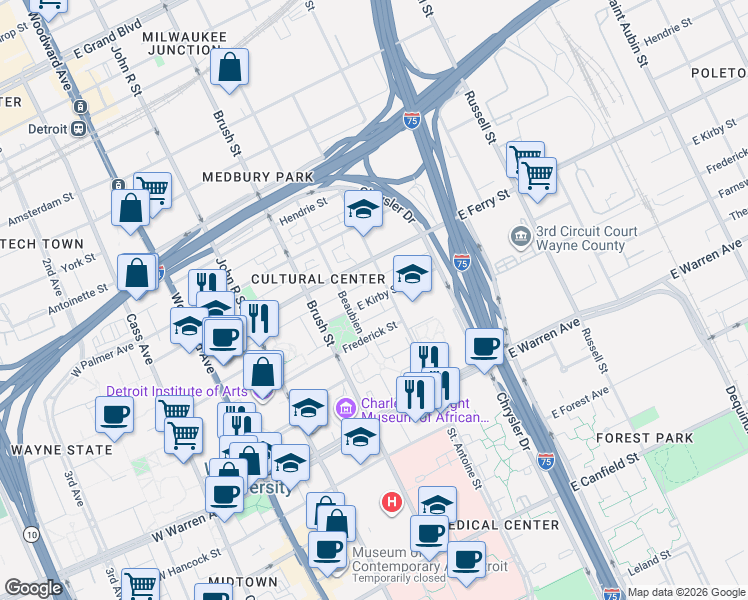 map of restaurants, bars, coffee shops, grocery stores, and more near 575 East Kirby Street in Detroit