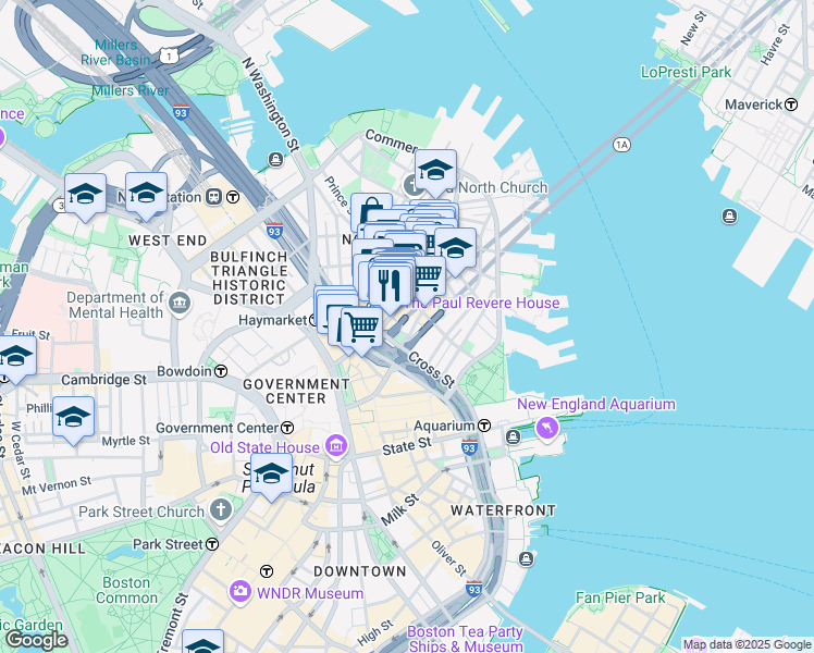 map of restaurants, bars, coffee shops, grocery stores, and more near 150 North Street in Boston