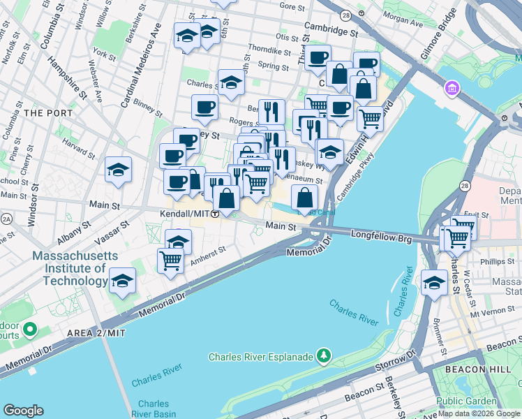 map of restaurants, bars, coffee shops, grocery stores, and more near 165 Main Street in Cambridge