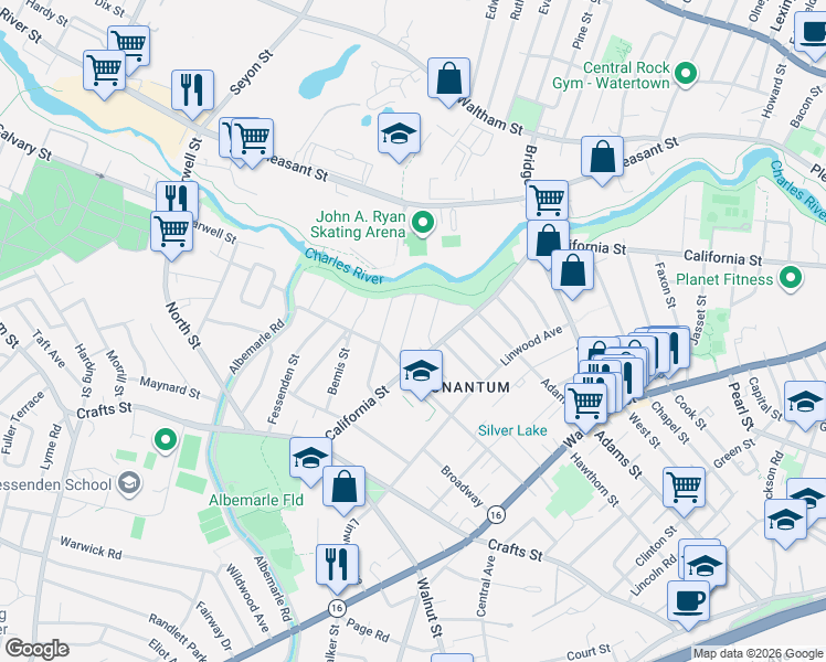map of restaurants, bars, coffee shops, grocery stores, and more near 21 Thaxter Road in Newton