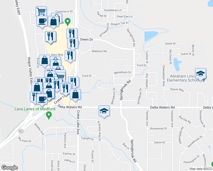 map of restaurants, bars, coffee shops, grocery stores, and more near 3163 Forest Hills Drive in Medford
