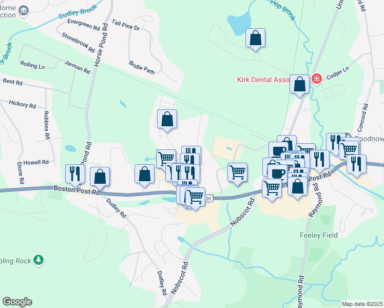 map of restaurants, bars, coffee shops, grocery stores, and more near 1 Farmstead Lane in Sudbury